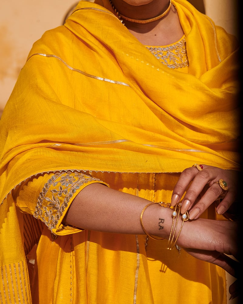 Mustard Bloom Gota Work Chanderi Festive Suit Set