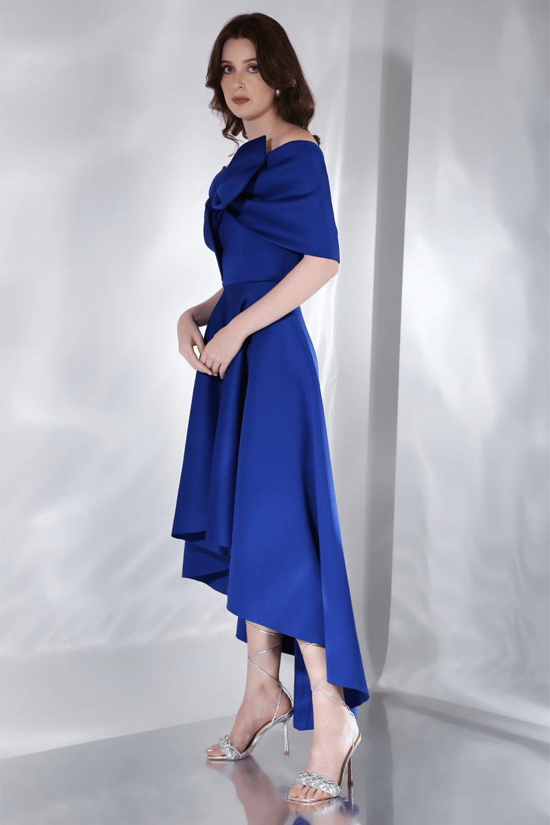 Blue Strapless Fit and Flare High-Low Midi Dress Set