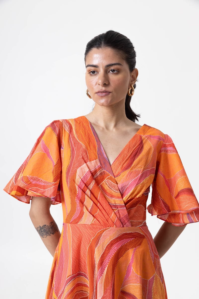 Orange Multicolor Abstract Print Fit and Flare Midi Dress