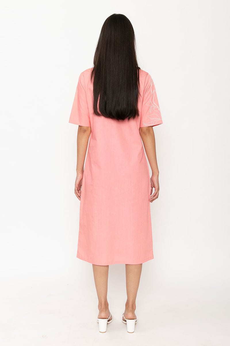 Pink Polo Collar Midi Dress with White Embroidery