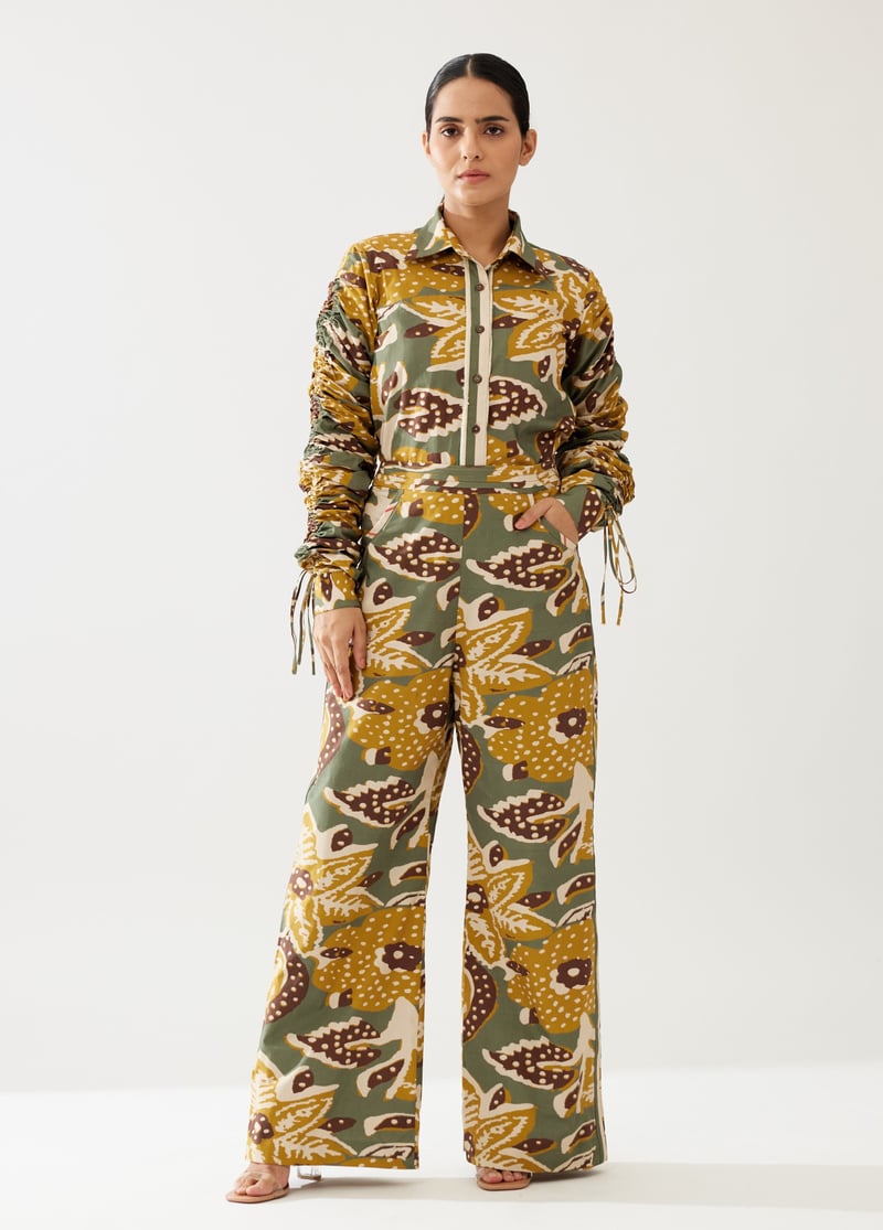 Olive And Mustard Floral Smocking Sleeve Shirt