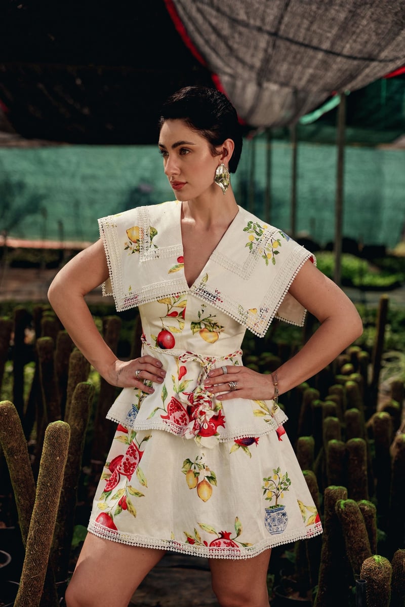 Off-White Fruit Print Tiered Mini Dress with Lace Collar