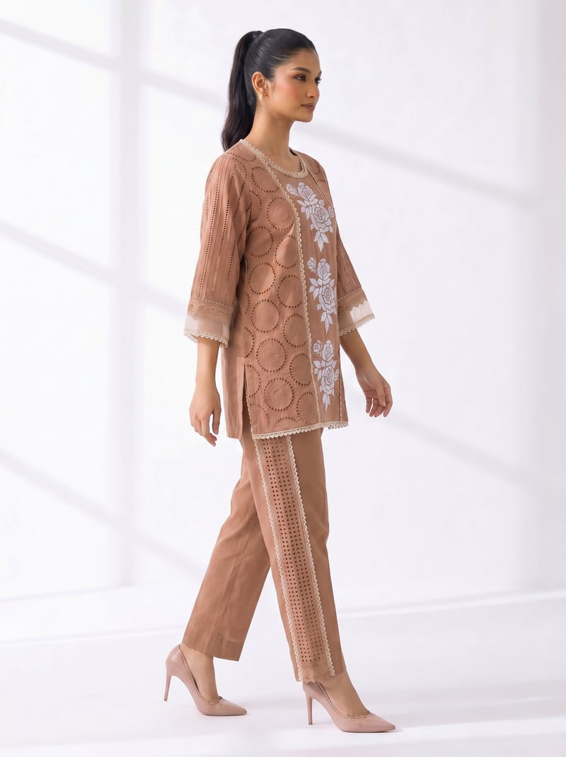 Brown Linen Straight Kurta Set with Cutwork Detail