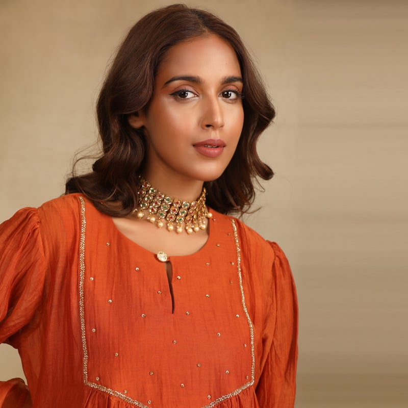 Burnt Orange Hand Embroidered Silk Chanderi Kurta Set