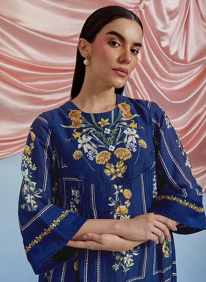 A.F Blue Floral Printed A-Line Kurta with Pleats
