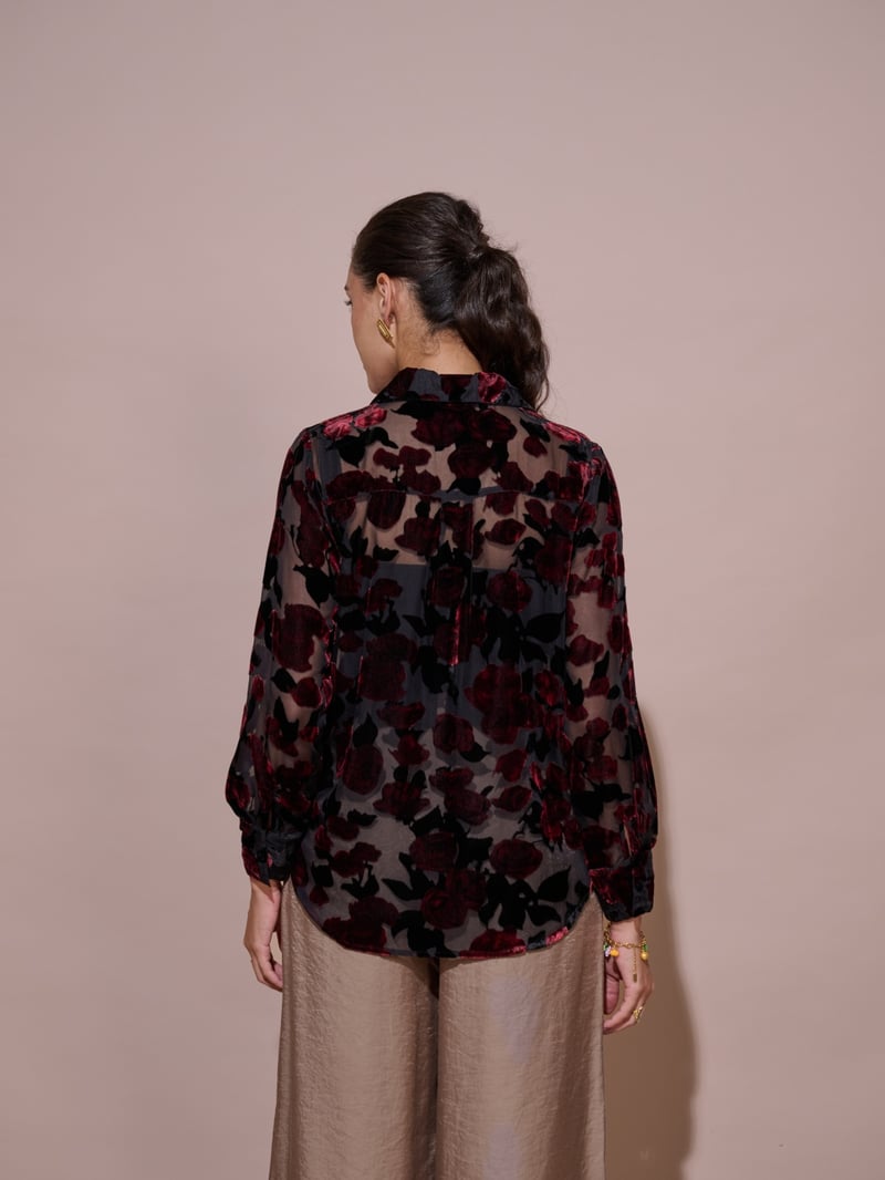 Black Sheer Mesh Shirt with Velvet Floral Overlay