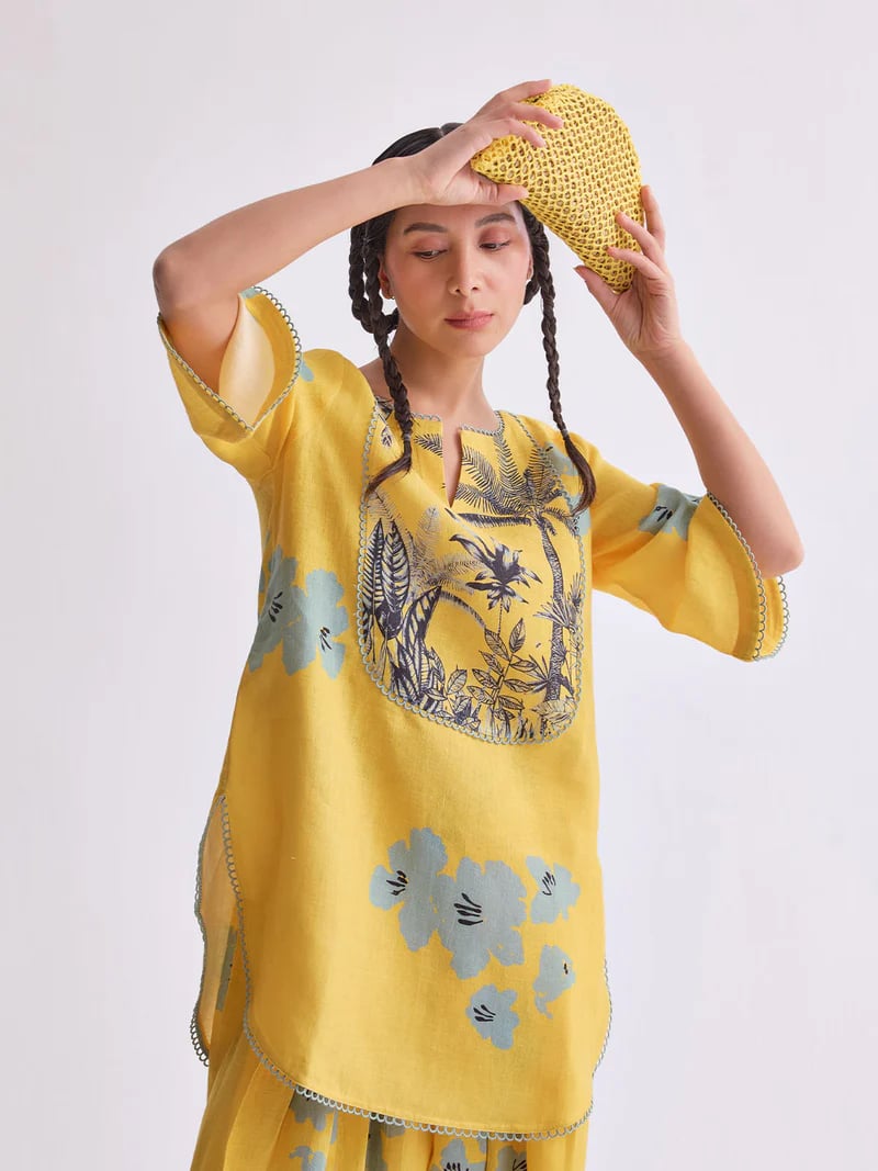 Yellow Gauze Linen Floral Printed Kurta Set with Salwar