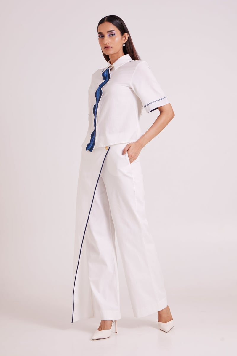 Ivory Shirt and Wide-Leg Pants Co-ord Set with Blue Appliqué