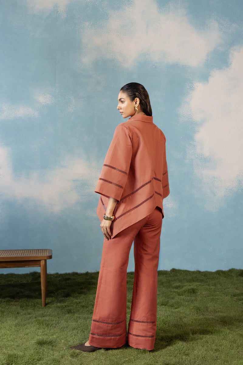 Rust Linen-Blend Shirt and Wide-Leg Trouser Co-ord Set