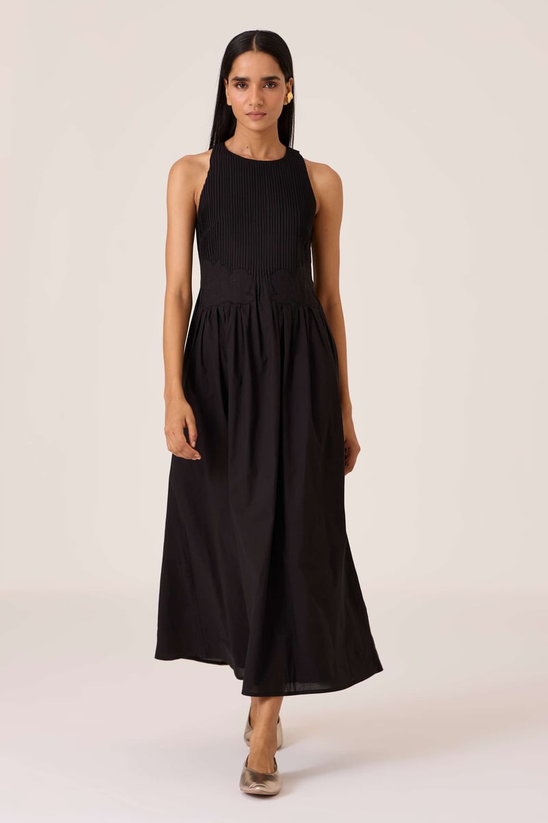 Black Pintuck Bodice Embroidered Maxi Dress