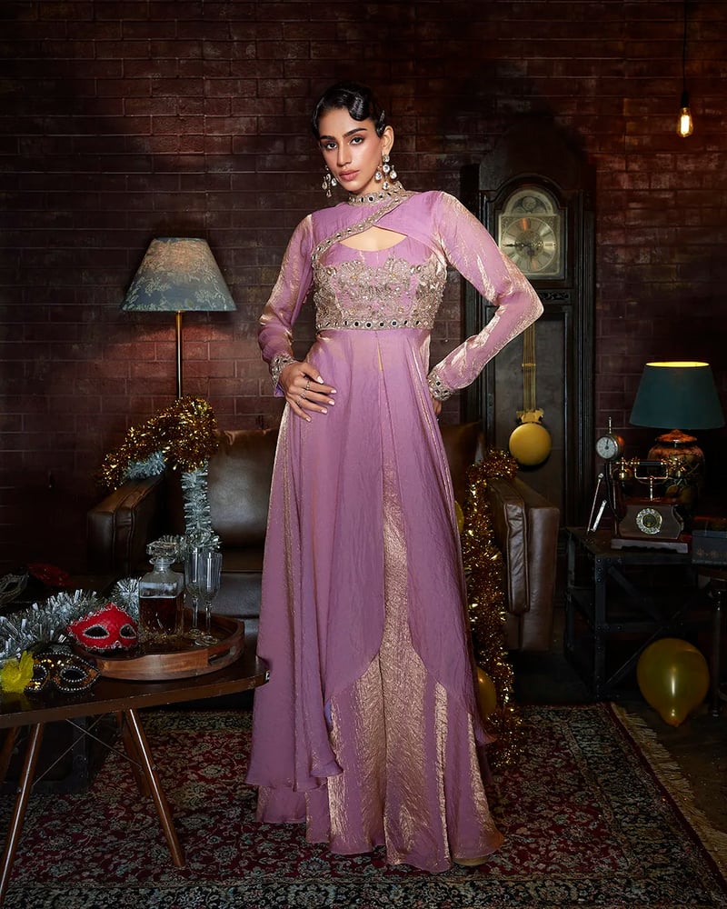 Blush Pink Shimmer Embellished High-Neck Maxi Gown