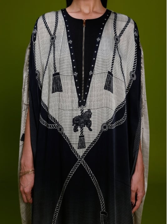 Ivory and Black Cupro Satin Kaftan and Pant Co-ord Set