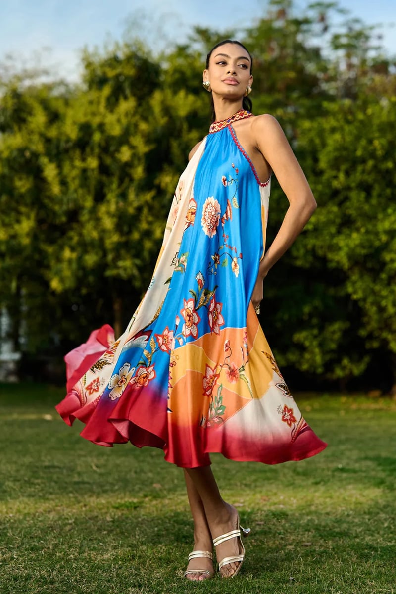 Multicolour Satin Halter Neck Floral Midi Dress