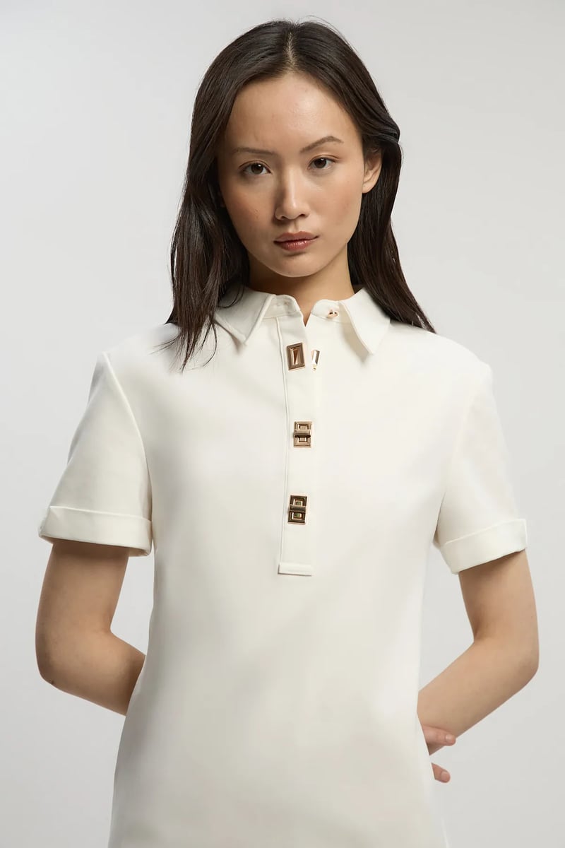 Ivory Collared Straight Mini Dress with Hardware Placket