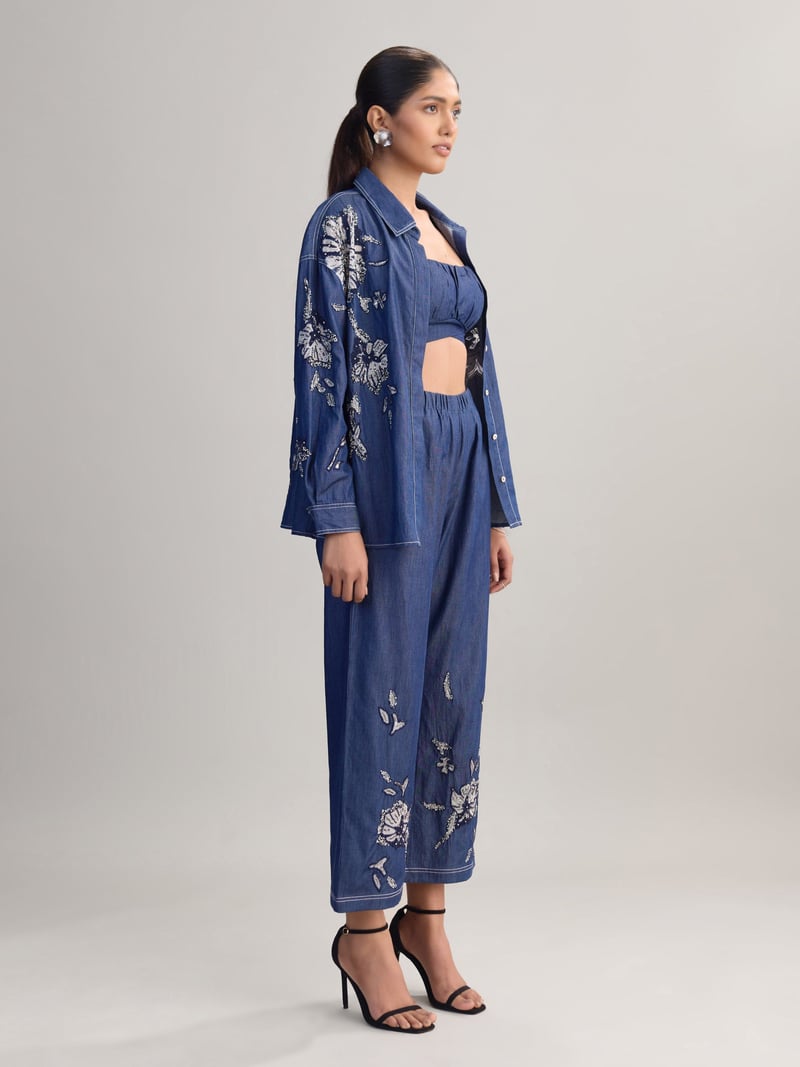 Blue Embellished Denim Shirt and Wide-Leg Pants Co-ord Set