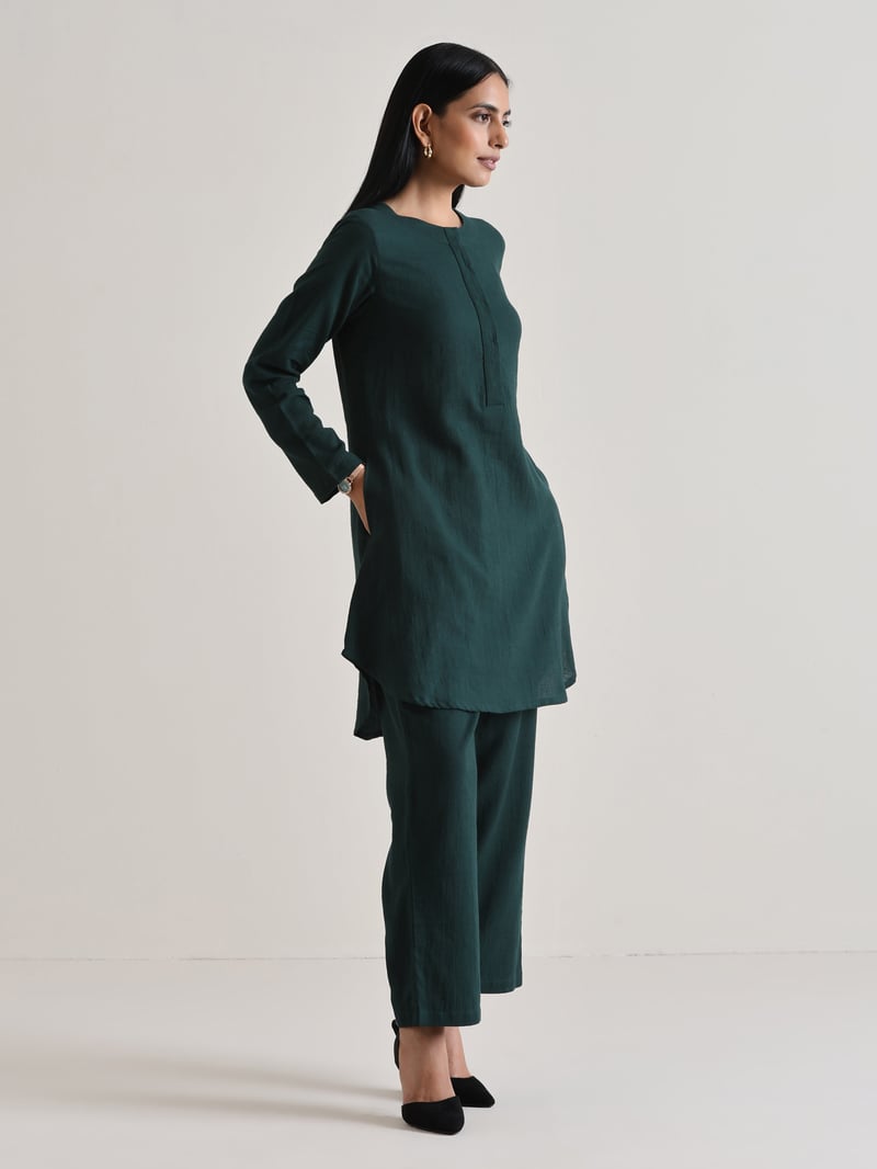 Dark Green Cotton Dobby Co-ord Set with Front Placket