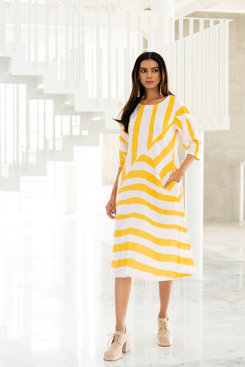 Yellow Striped Linen-Blend Midi Dress with Pockets