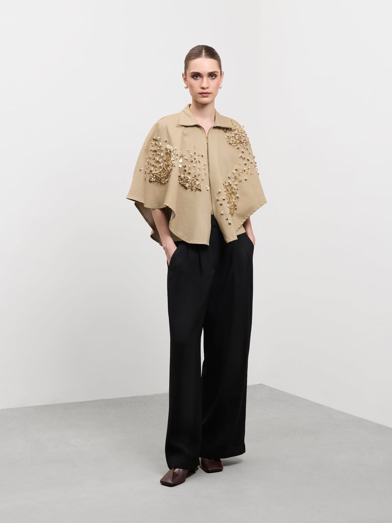 Beige Denim Sequin and Pearl Cropped Cape Top