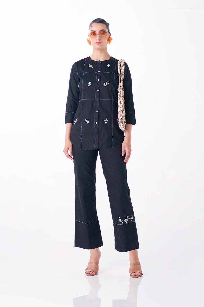 Black Cotton Satin Embroidered Round Neck Shirt