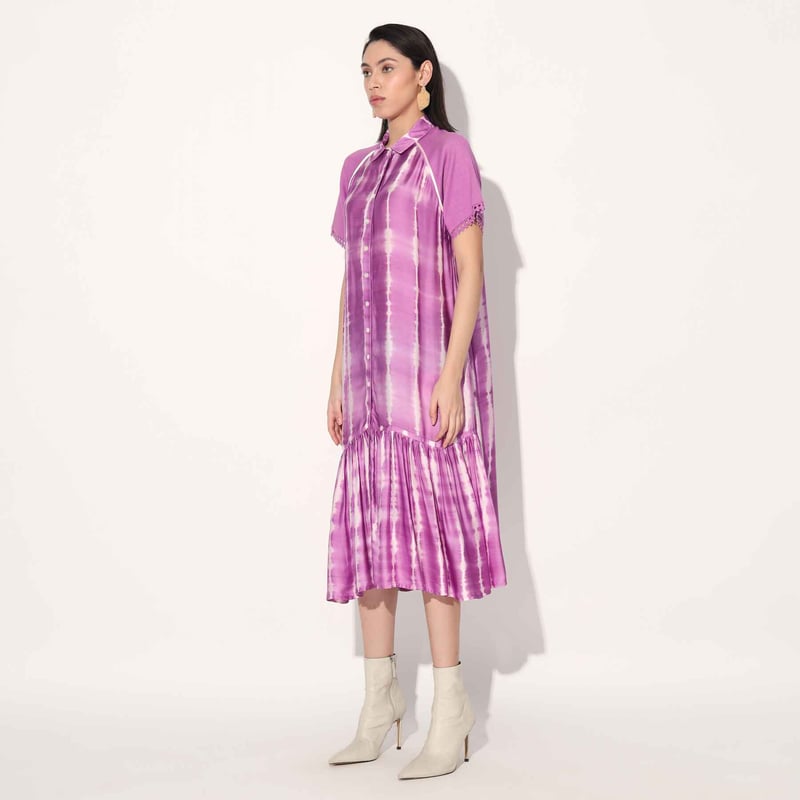 Pink/White Shibori Stripe Satin Midi Shirt Dress