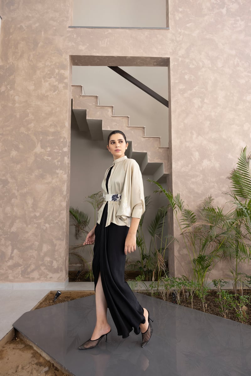 Ivory and Black Draped Maxi Gown Co-ord Set with Kimono Shirt