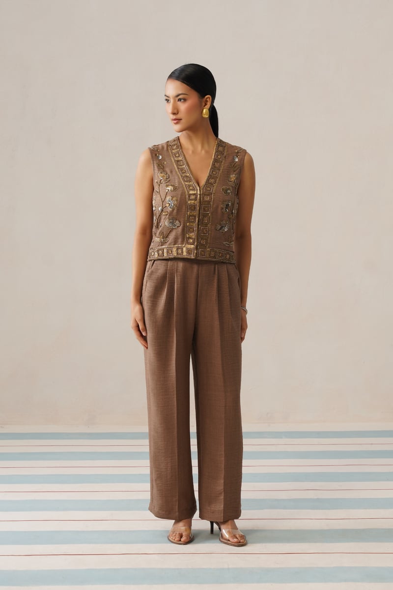 Siena Brown Embroidered Vest and Wide-Leg Co-ord Set