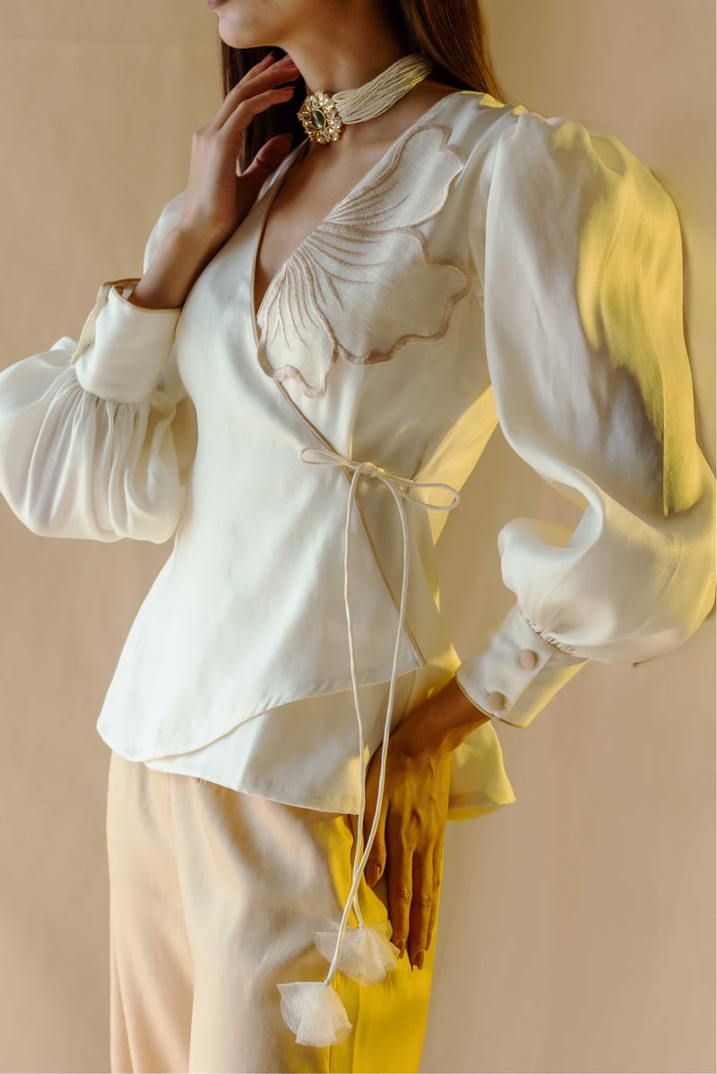 Cream Angrakha Wrap Top and Wide-Leg Pants Co-ord Set — An'era by Asmita Verma