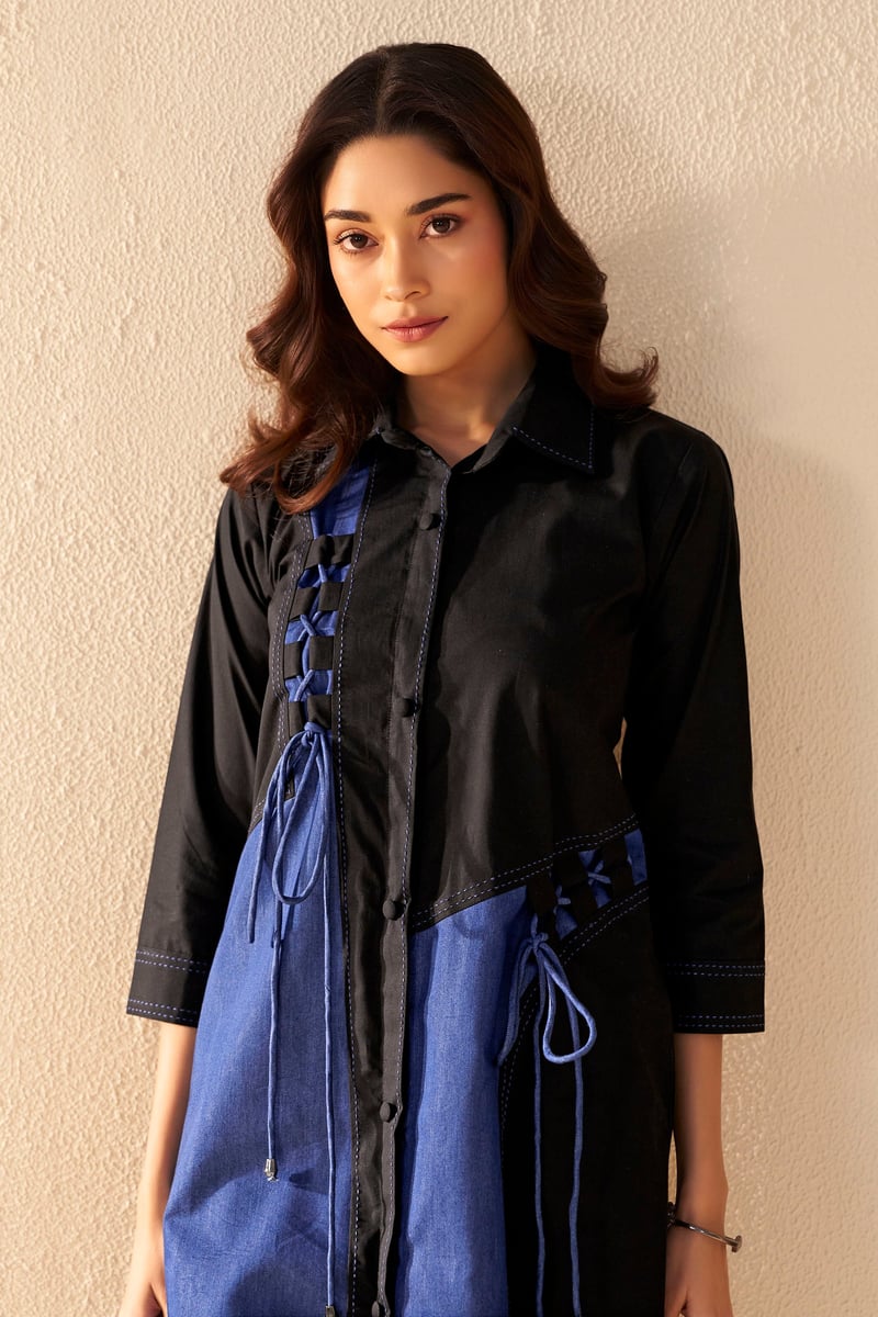 Black/Blue Colorblocked Midi Shirt Dress with Lace-Up Detail