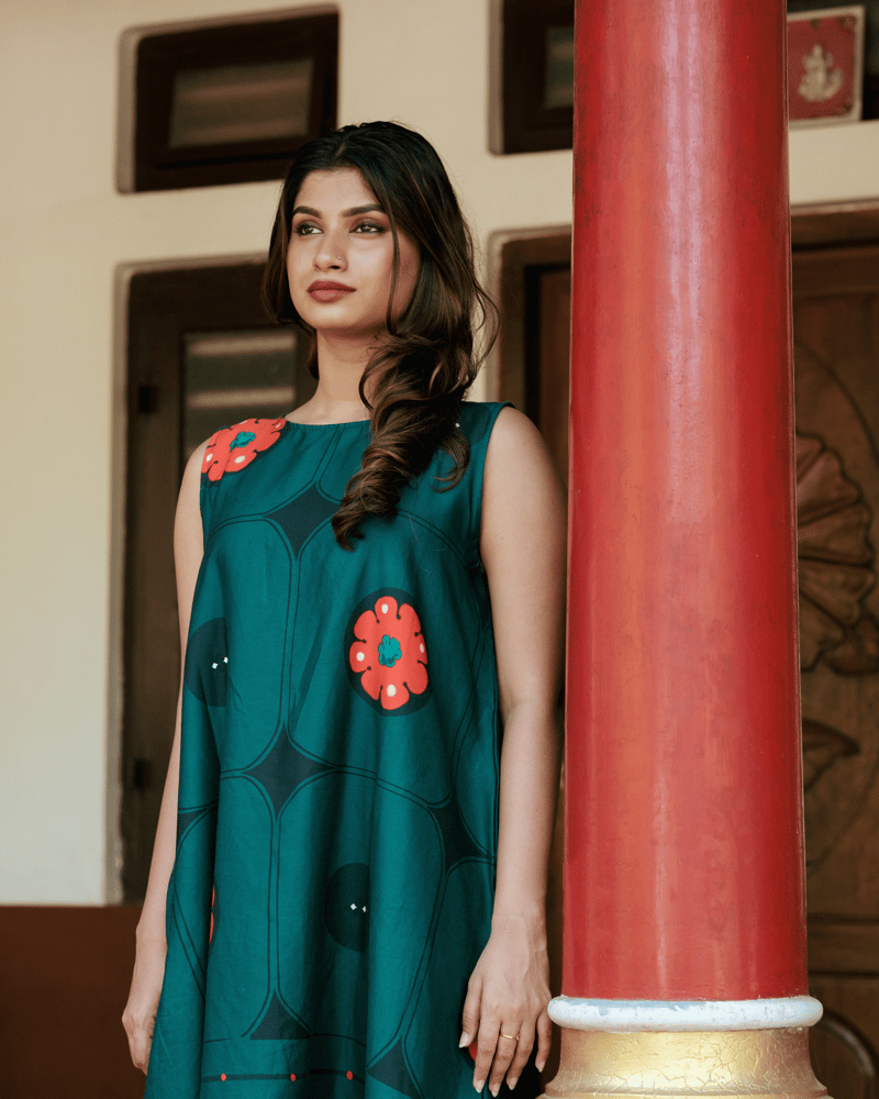 Green Floral Printed Cotton Satin Shift Dress