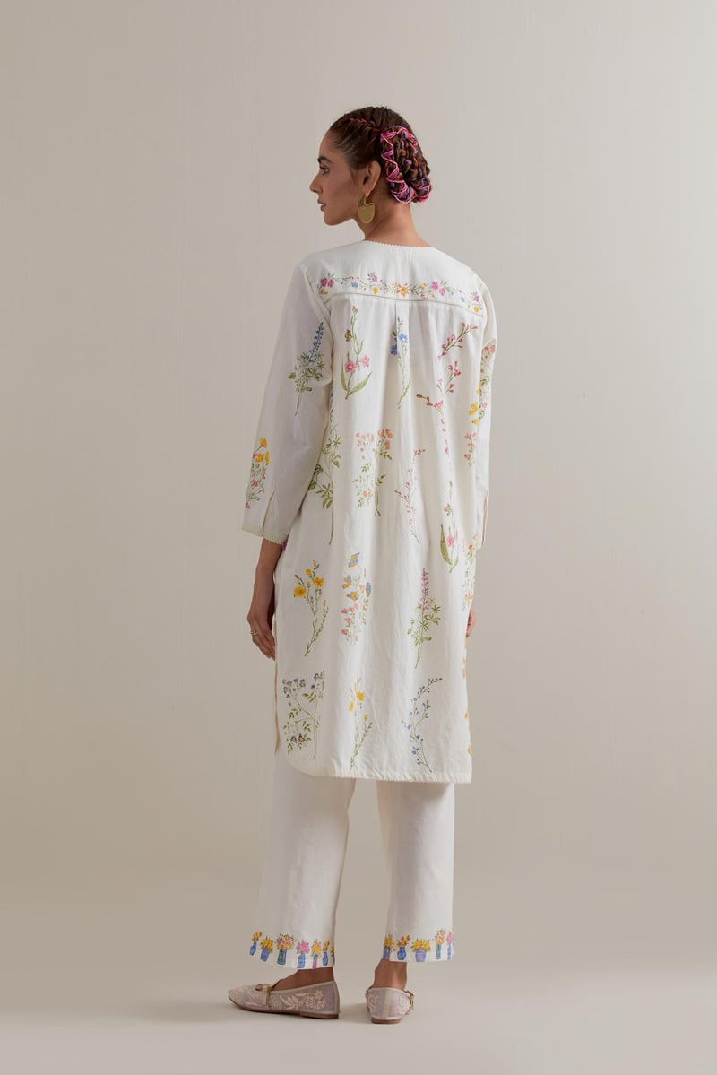 Off-White Floral Block Print Straight Kurta Set