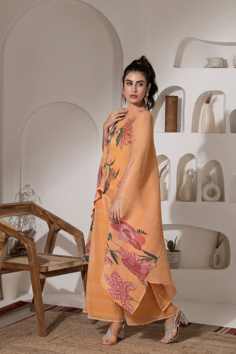 Yellow Floral Lurex Kaftan Kurta Set with Wide-Leg Pants
