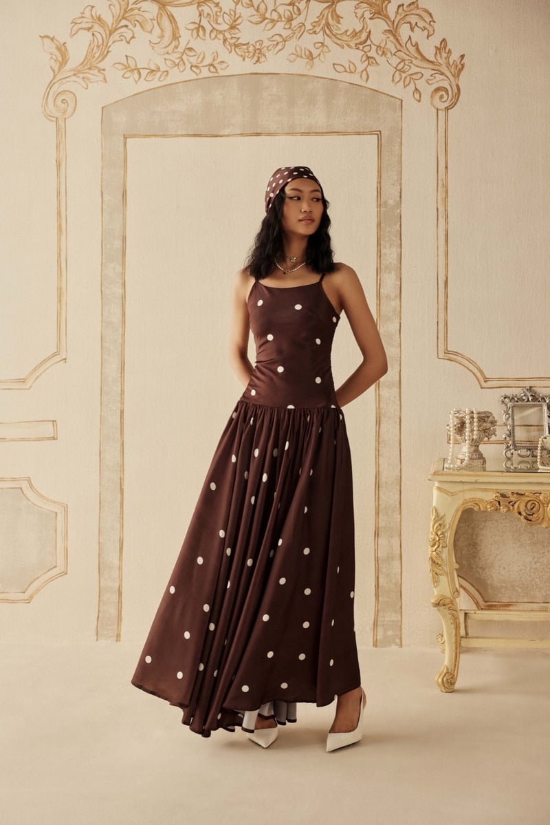 Brown Polka Dot Maxi Dress with Smocked Back