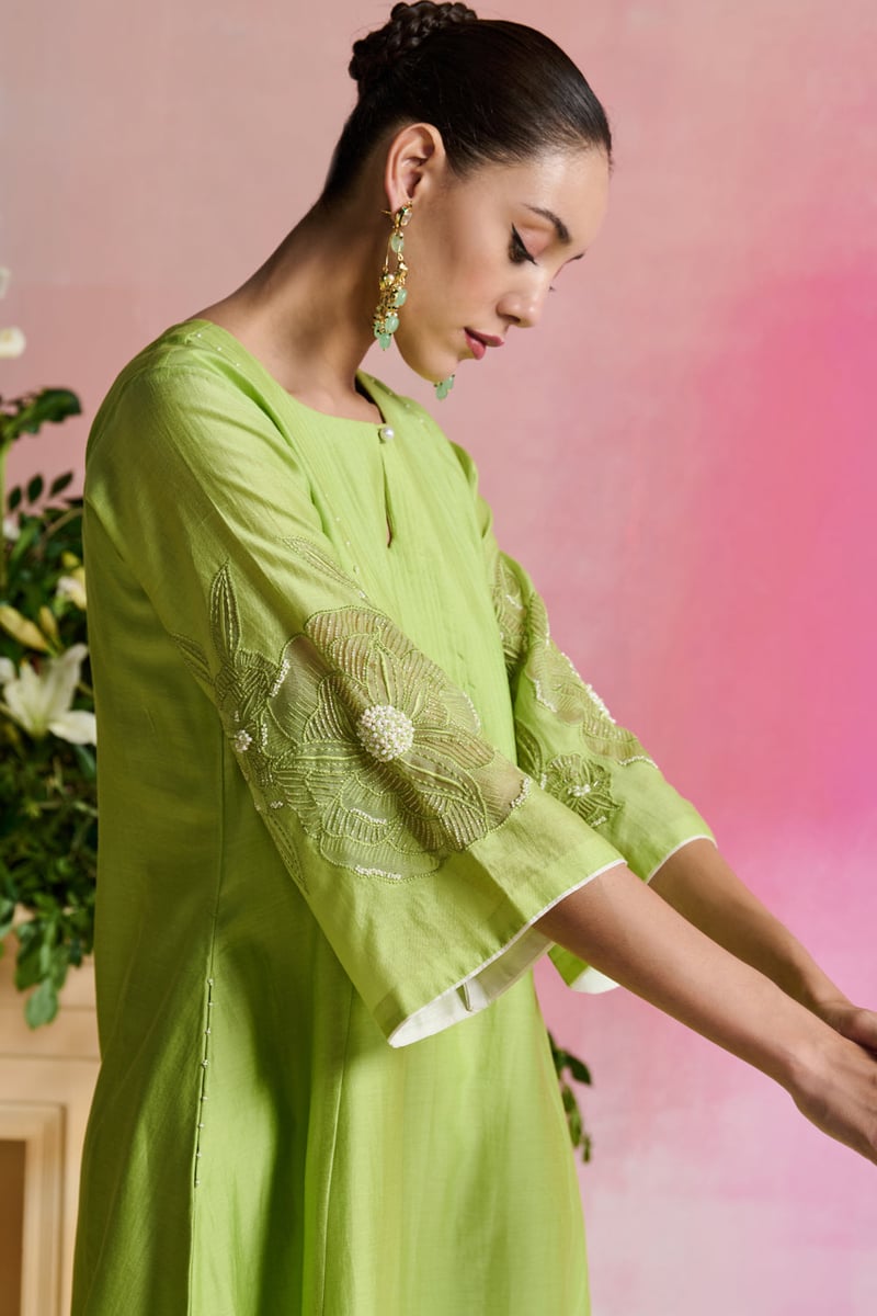 Pastel Green Chanderi A-Line Kurta Set with Embroidered Sleeves