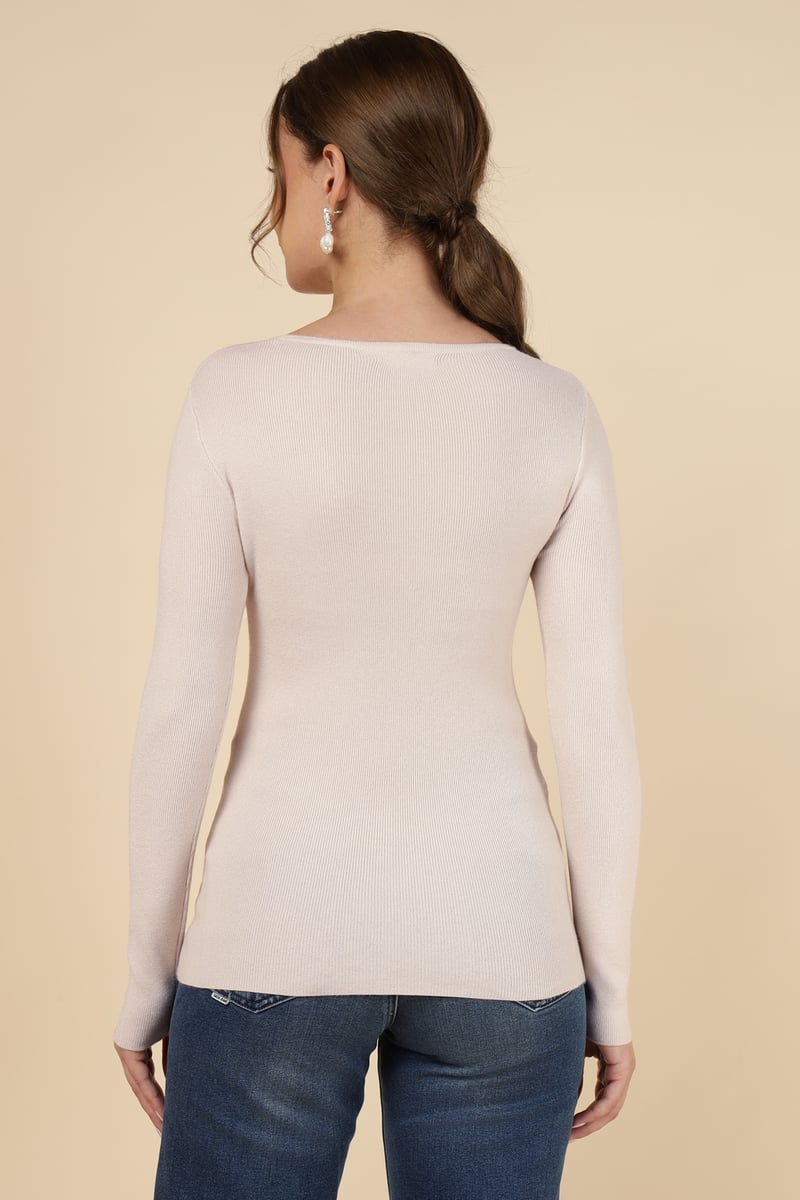Beige Rib-Knit Pullover Sweater with Floral Applique