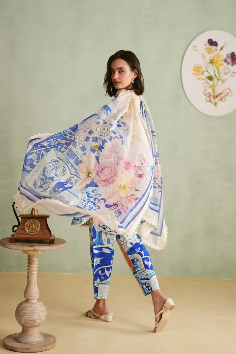 Beige/Blue Printed Cotton Lawn Suit Set