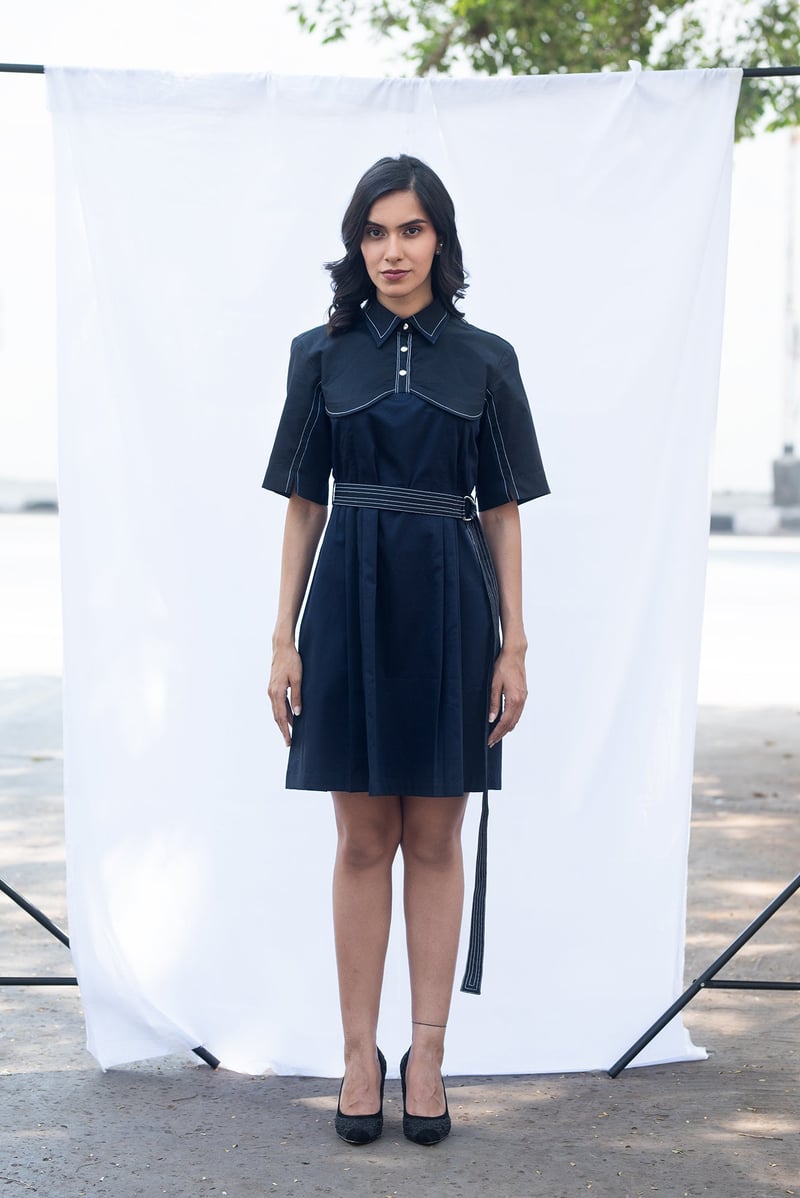Navy Two-Tone Belted Mini Shirt Dress — Escape By Aishwarya