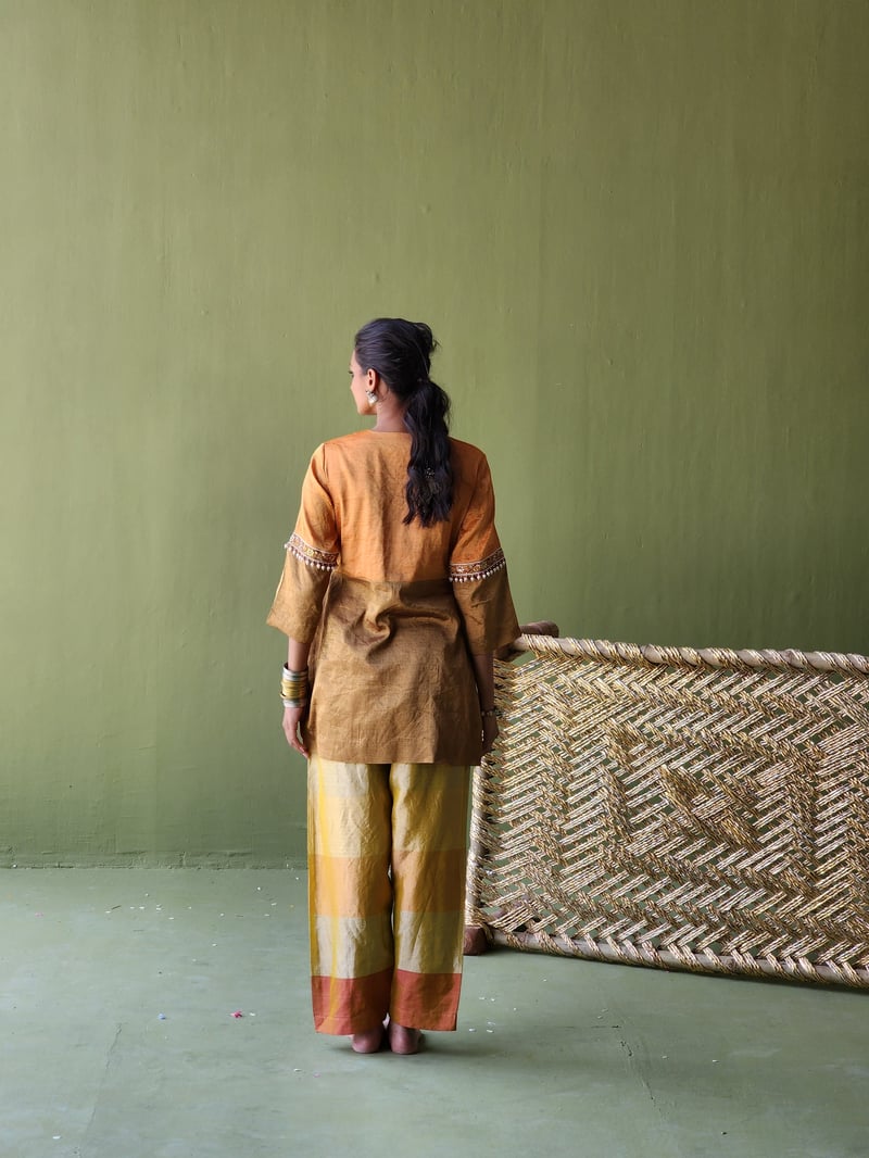 Kesari Orange Tissue Kurta Set with Embroidered V-Neck