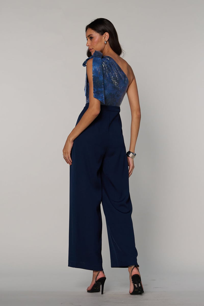 Blue One-Shoulder Sequin Wide-Leg Jumpsuit