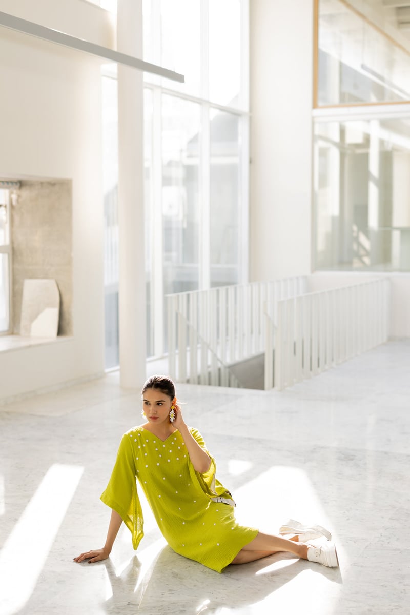 Green Straight Knee-Length Dress with Applique Dots