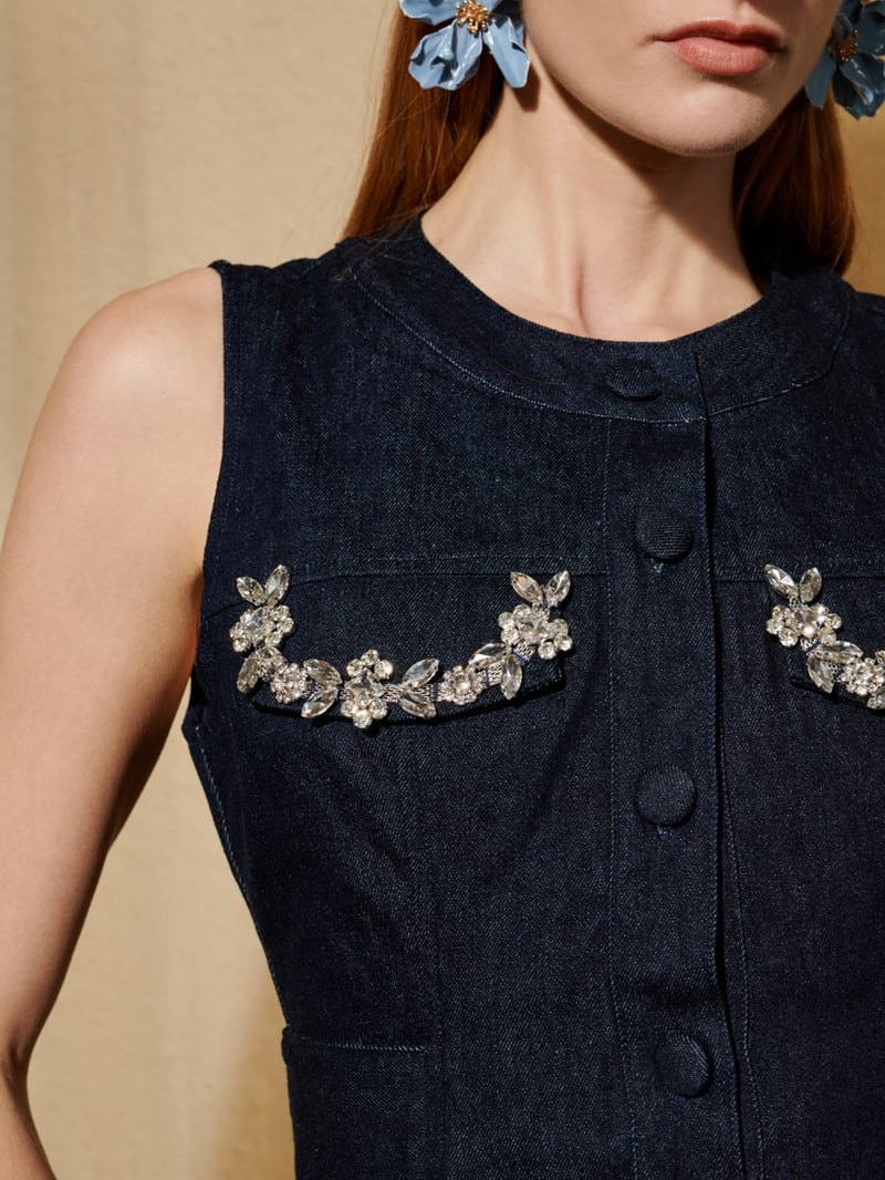 Dark Blue Embellished Peplum Button-Front Top