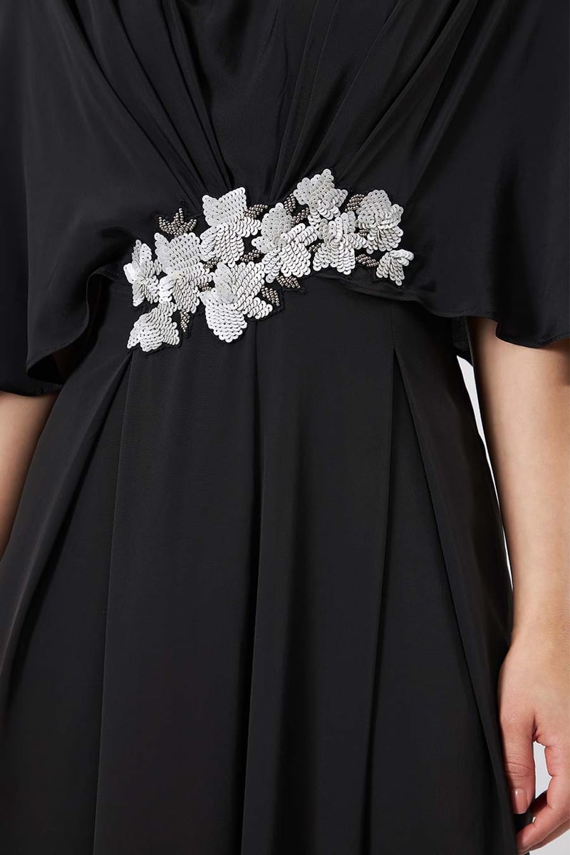 Black Silk Crepe Cape Sleeve Wide-Leg Jumpsuit
