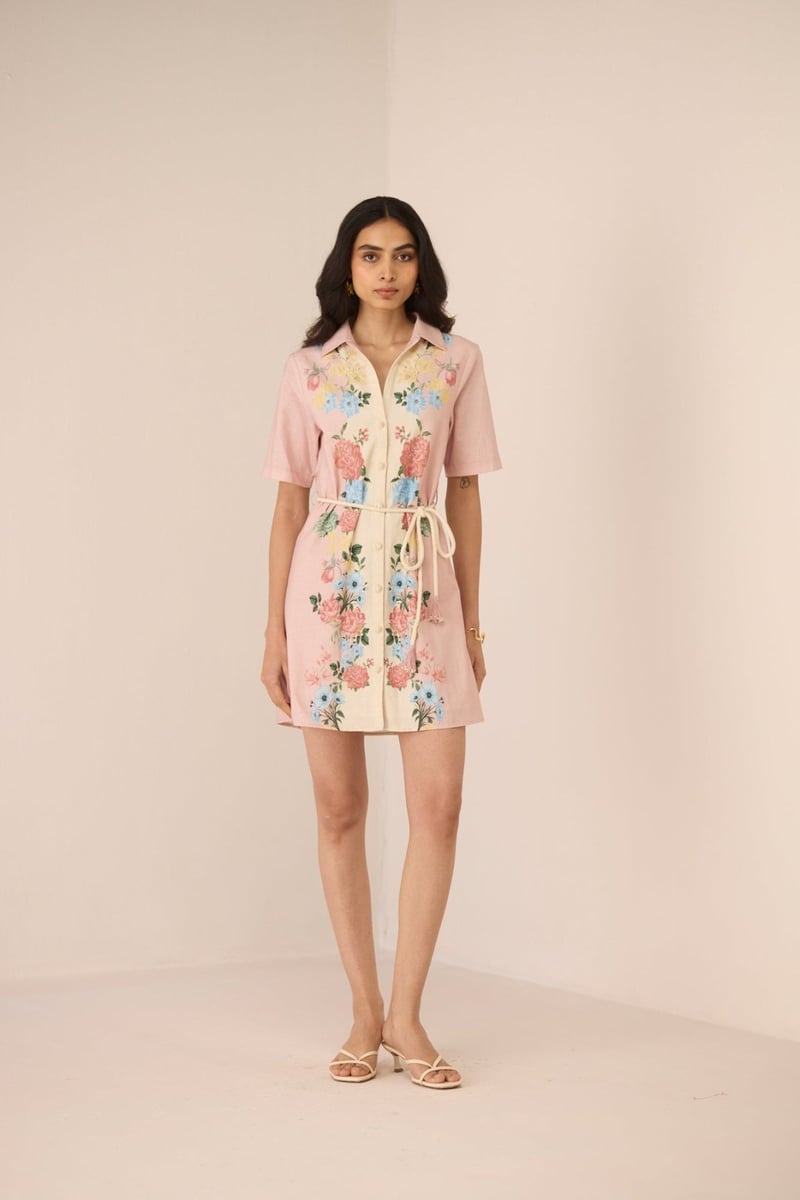 Blush Botanical Floral Button-Down Mini Shirt Dress with Belt