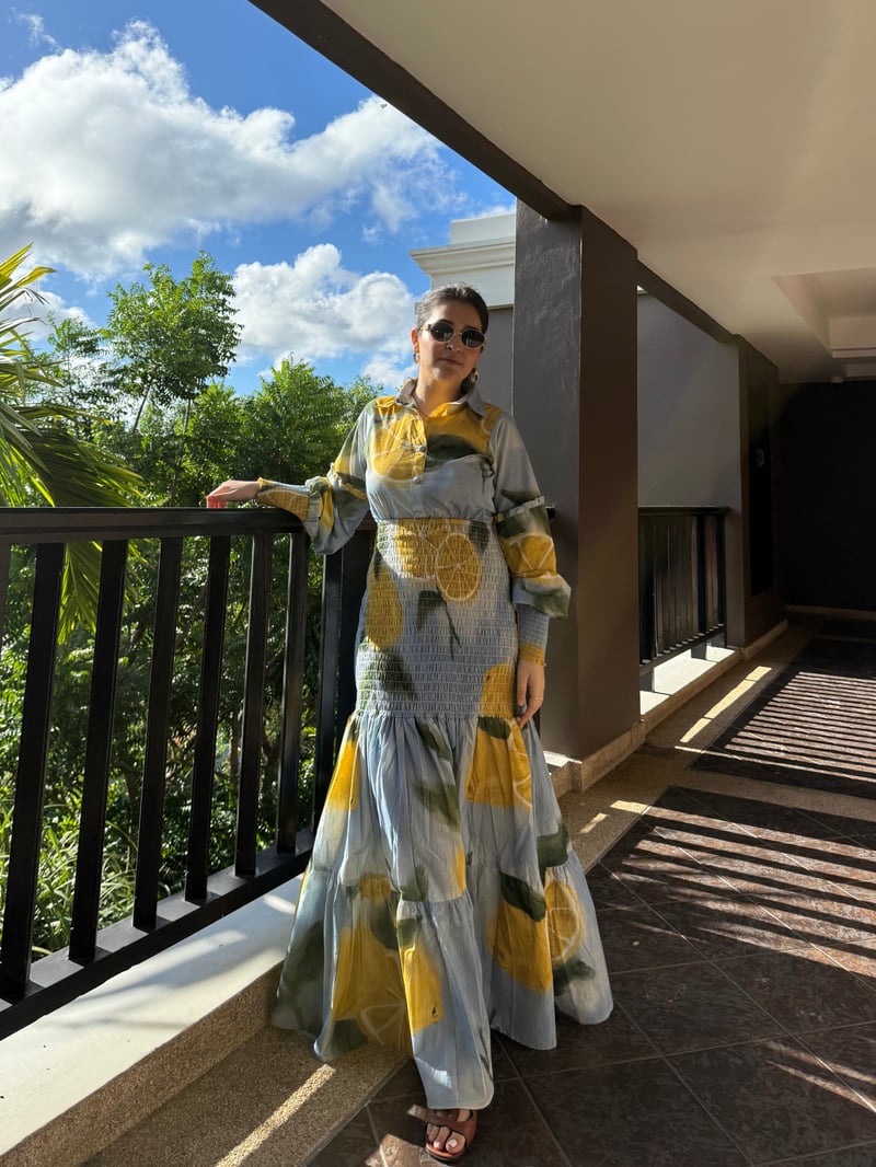Blue Lemon Print Collared Tiered Maxi Dress