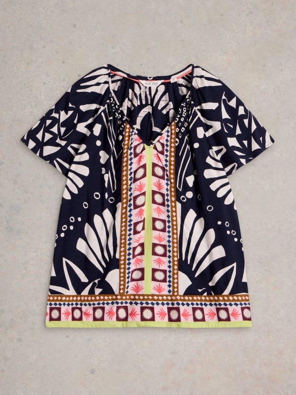 Navy Printed V-Neck Short Sleeve Top