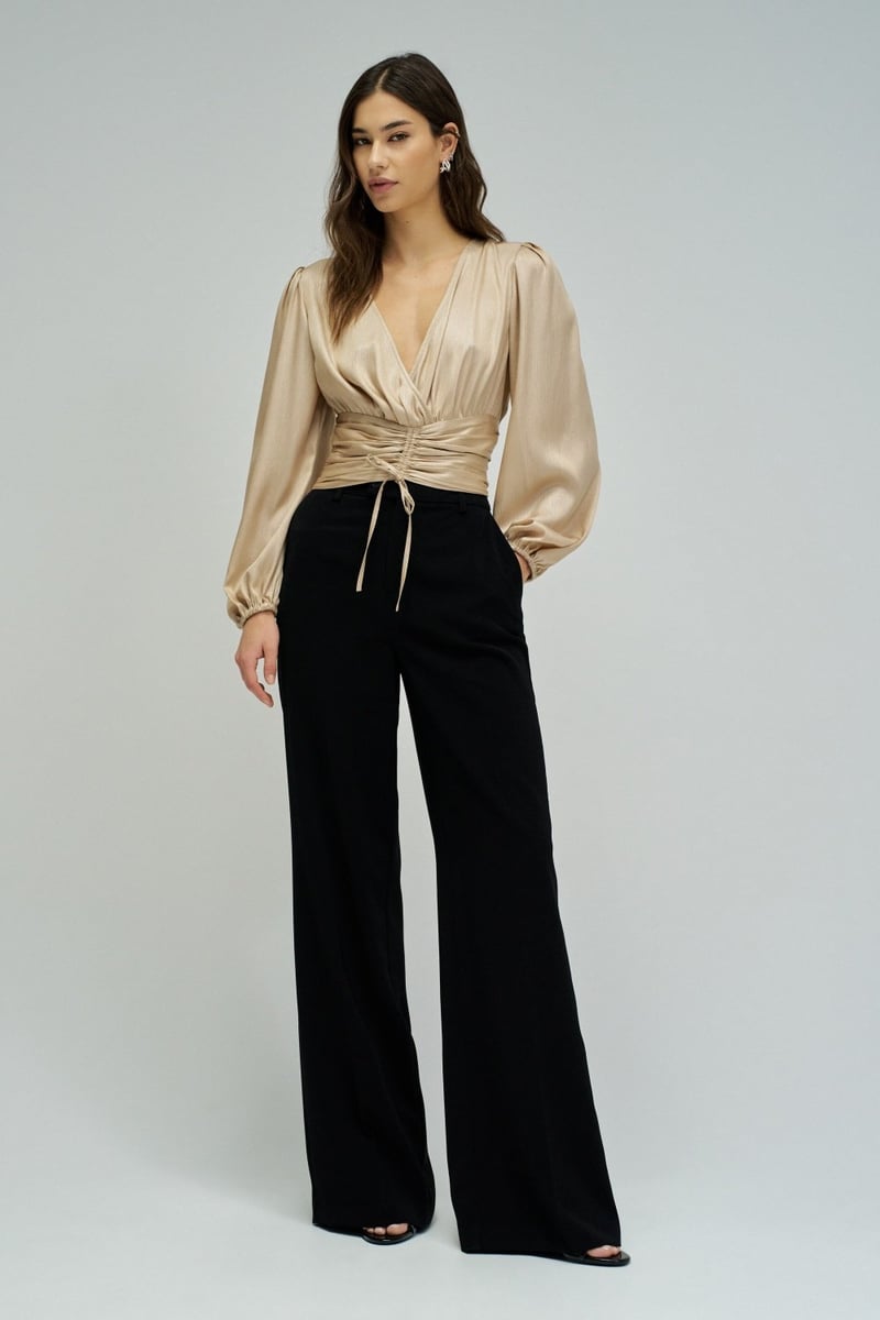 Gold Metallic Ruched Waist Tie-Up Wrap Blouse