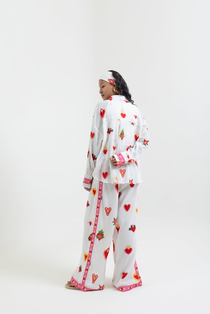 White Heart Print Straight-Leg Trousers with Contrast Hem