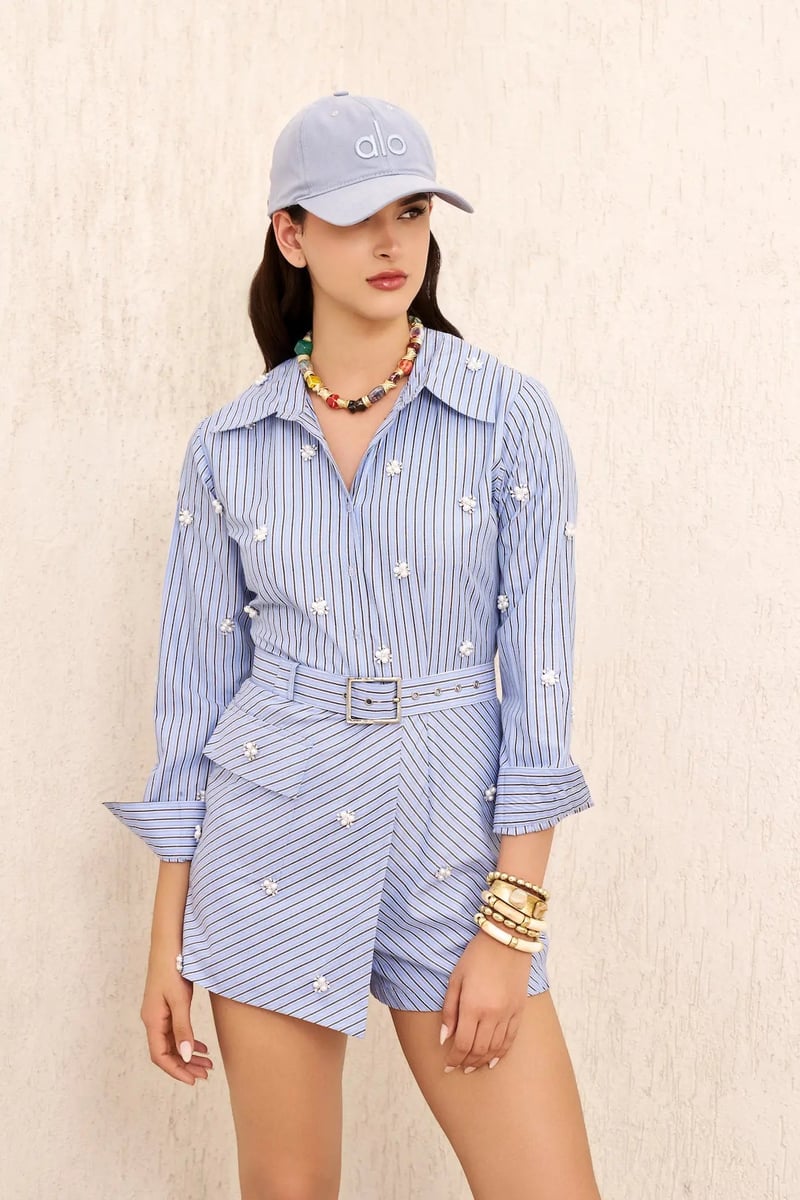 Blue Striped Pearl Embellished Shirt Romper with Belt