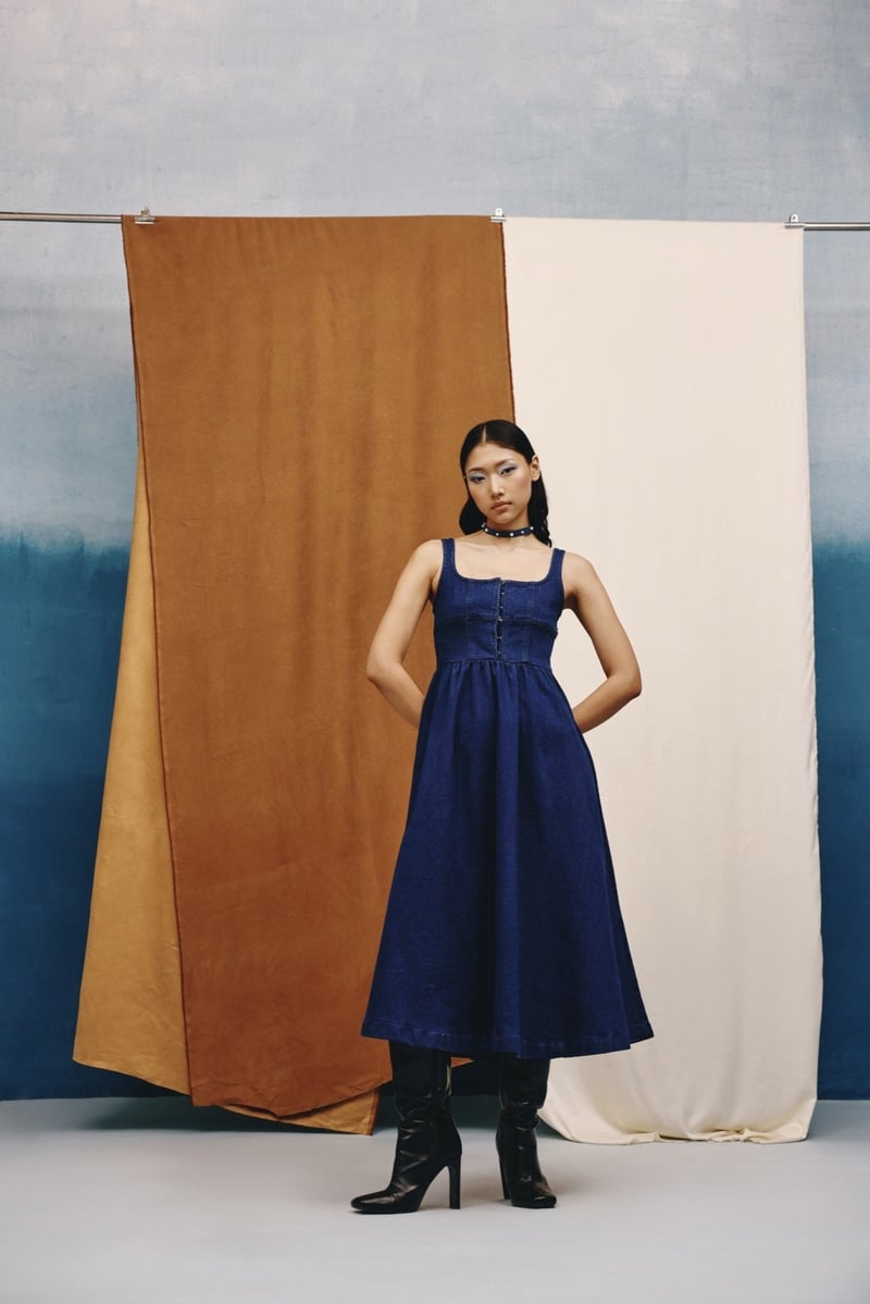 Deep Indigo Denim Fit and Flare Midi Dress