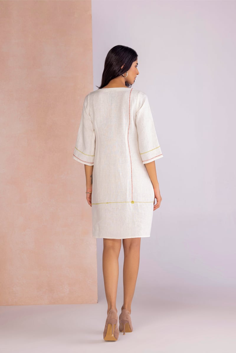 Off White Linen-Blend Printed Shift Knee-Length Dress