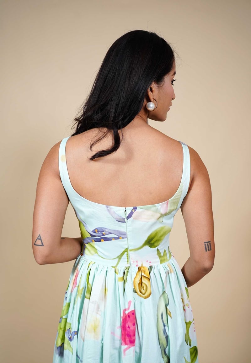 Blue Multicolor Floral Square Neck Midi Dress